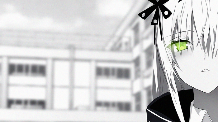 Anime girl with green eyes in monochrome