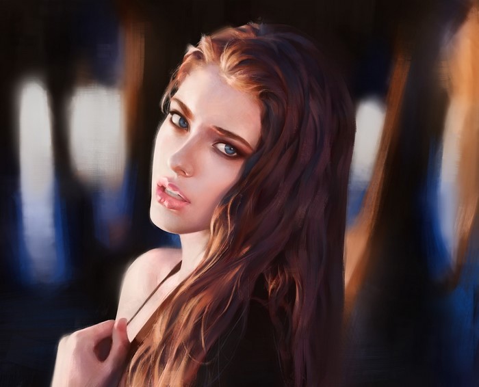 Digital painting of a redhead woman with blue eyes