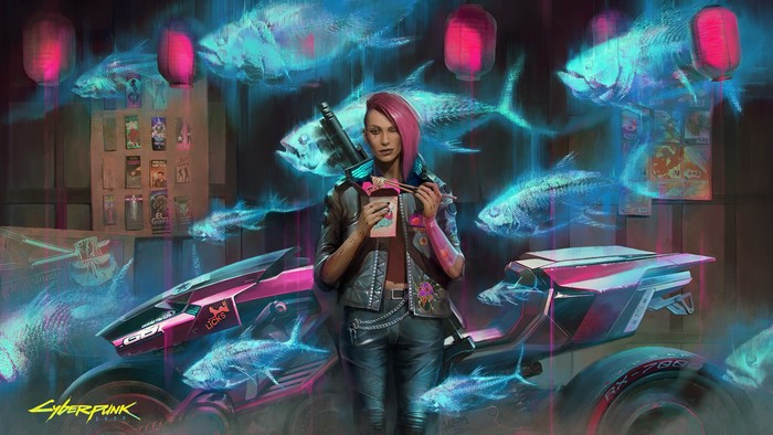 Cyberpunk 2077: Woman with pink hair and motorcycle