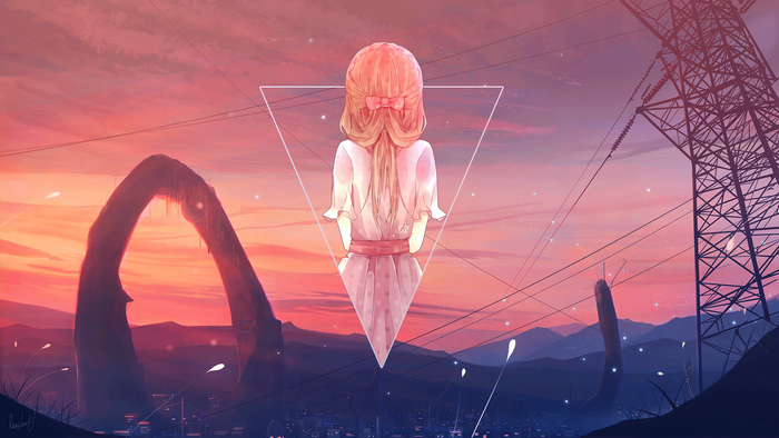 Anime girl in pink dress against sunset sky with power lines