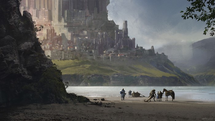 Fantasy city on a hill with people and a horse on the shore