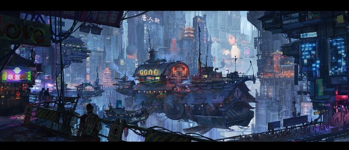 Futuristic cyberpunk cityscape with flying vehicles