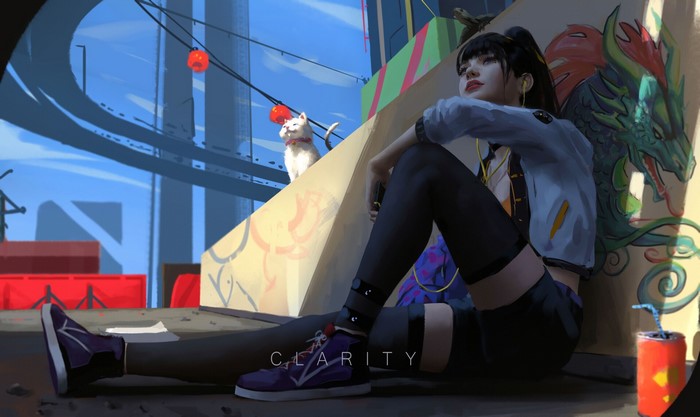 Anime girl with cat and dragon graffiti