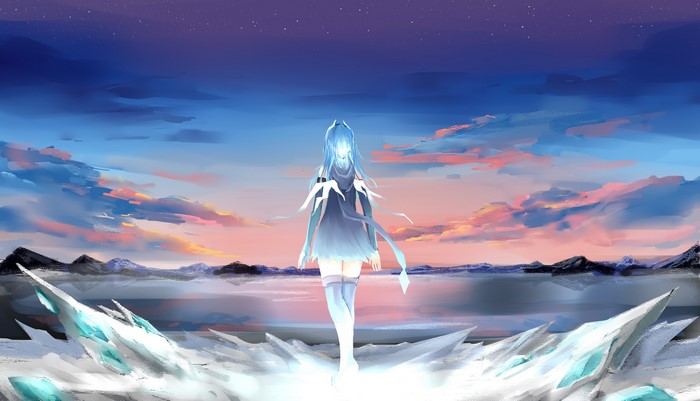 Anime girl with blue hair standing on ice