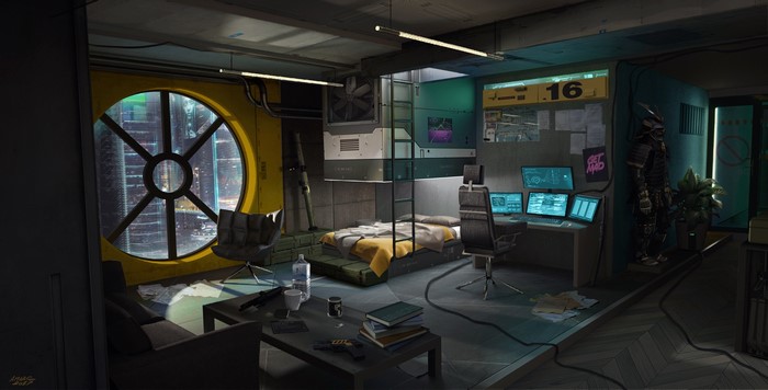 Cyberpunk room with samurai armor and computer setup