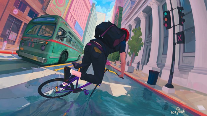 Digital painting of a cyclist and a bus in a city