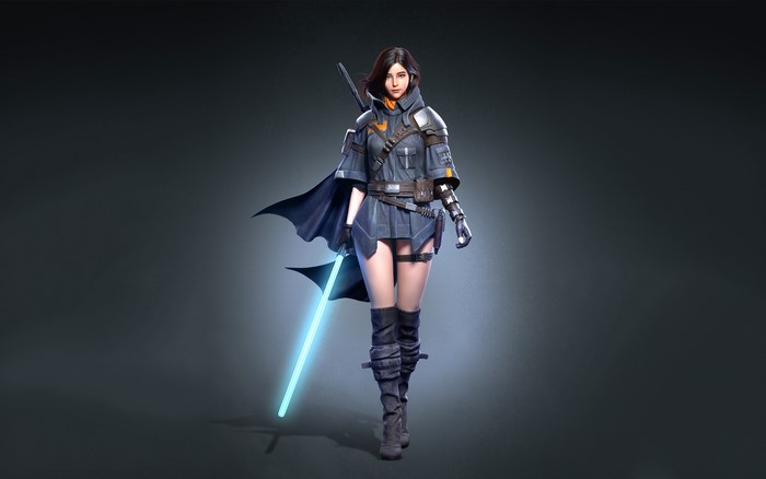 Woman with lightsaber and cape