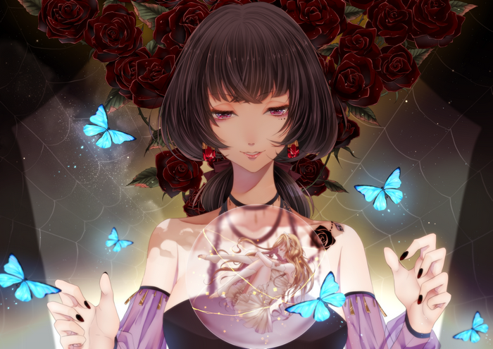 Anime girl with roses and butterflies