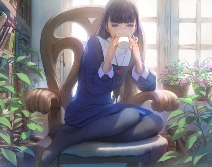 Anime girl drinking tea in a chair with books and plants