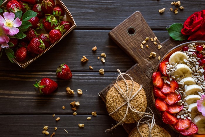Fruit bowl with strawberries, bananas, and berries
