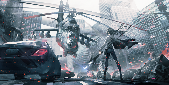 Anime girl with scythe and helicopter in destroyed city