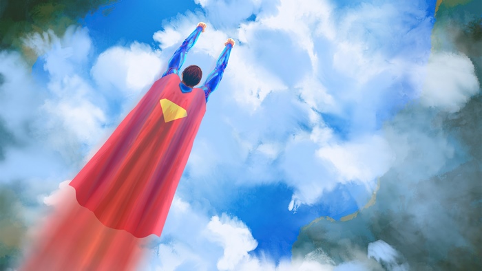 Superman flying through clouds