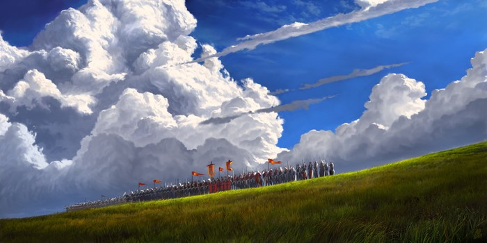 Fantasy army marching on a grassy hill under dramatic clouds