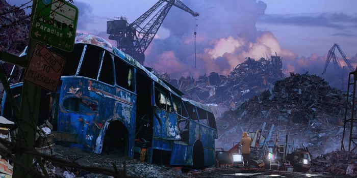 Digital art of a junkyard with a blue bus