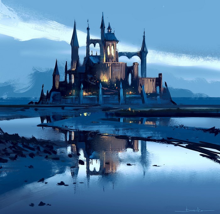 Castle reflected in water at dusk