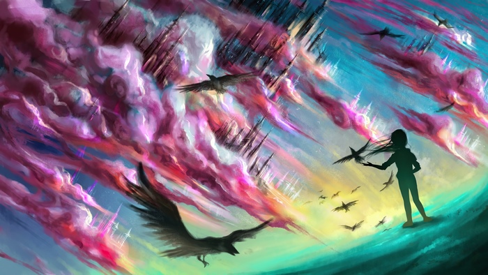 Girl Releasing Birds Above Colorful Clouds