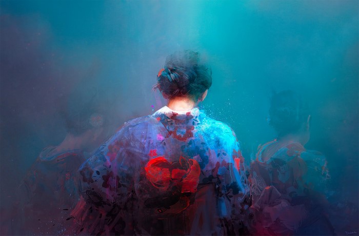 Digital painting of women in kimonos by Thomas Dubois