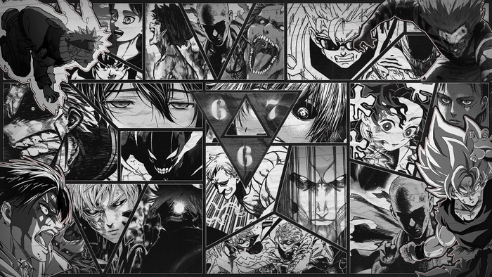 Anime characters collage: Naruto, Saitama, Garou, Eren Yeager, Goku