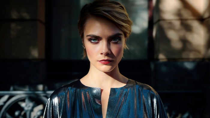 Cara Delevingne with blue eyes and short hair