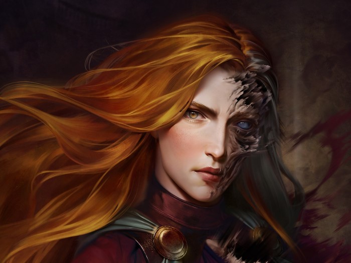 Artwork of a woman with half her face decayed