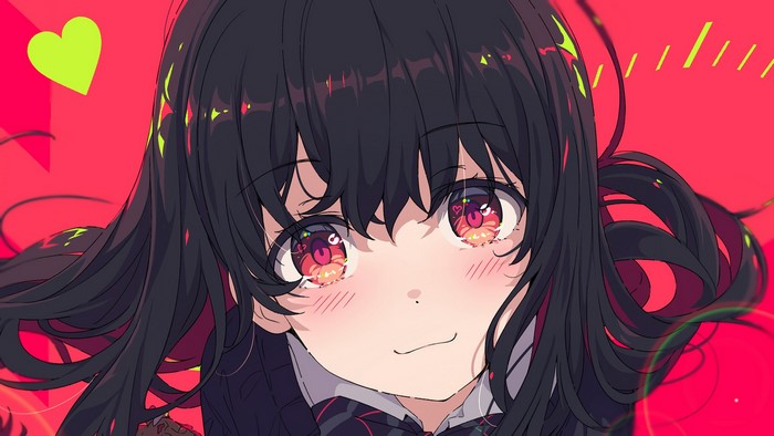 Anime girl with dark hair and red eyes smiling