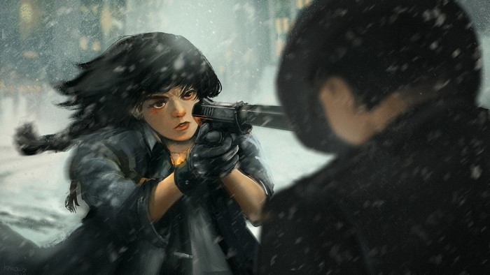 Girl aiming a pistol in the snow