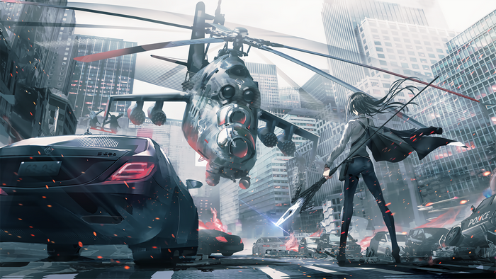 Anime girl with spear facing Mi-24 helicopter in destroyed city