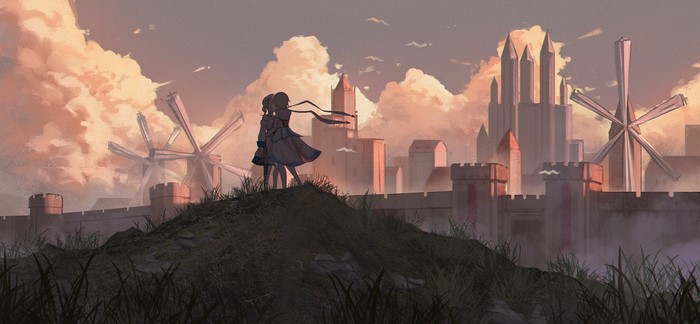 Two anime girls overlooking a fantasy city with windmills