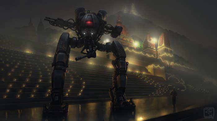 Science fiction robot on stairs with temples