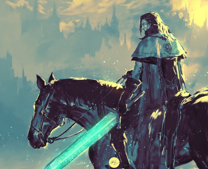 Man on horse with glowing sword from Bloodborne