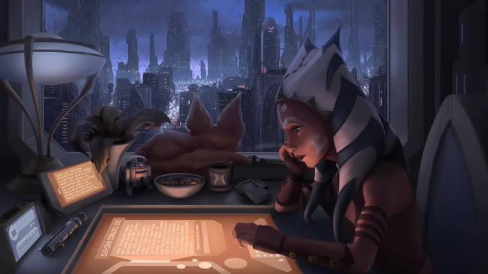 Ahsoka Tano from Star Wars studying on Coruscant at night