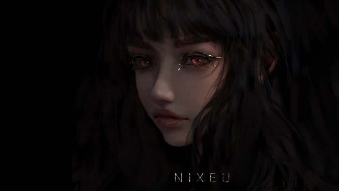 Portrait of a woman with dark hair and glowing eyes