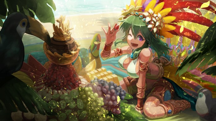 Anime girl with toucans and fruit on a beach
