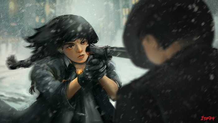 Woman aiming a gun in a snowy city