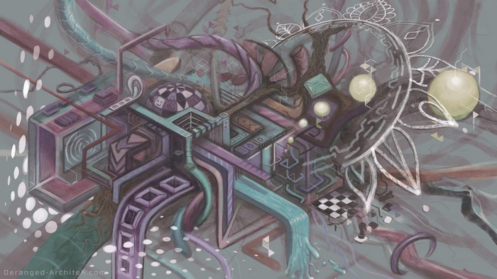 Psychedelic abstract painting with geometric and organic elements