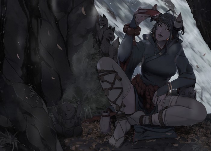 Fantasy art of a woman by a waterfall