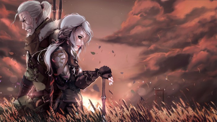 Geralt and Ciri from The Witcher in a field