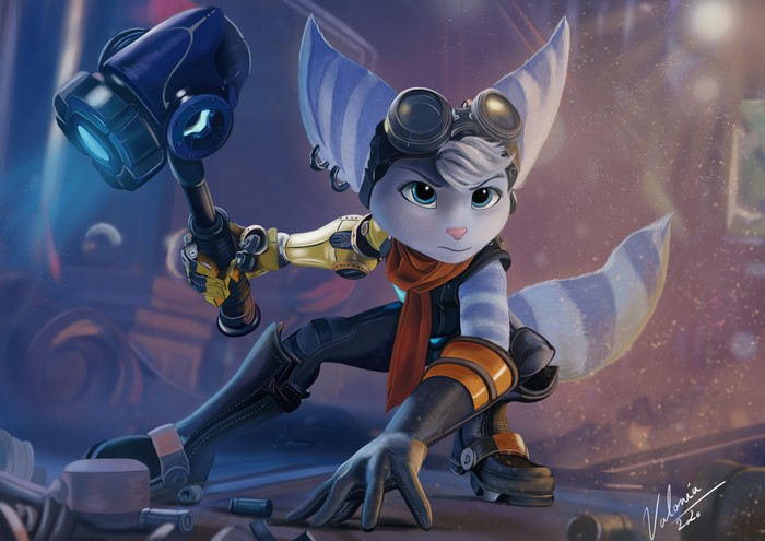 Rivet from Ratchet and Clank holding a hammer