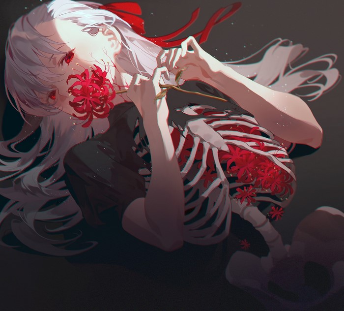 Matou Sakura from Fate/Stay Night with Skeleton and Red Spider Lilies