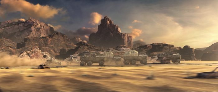 Military convoy in a desert landscape