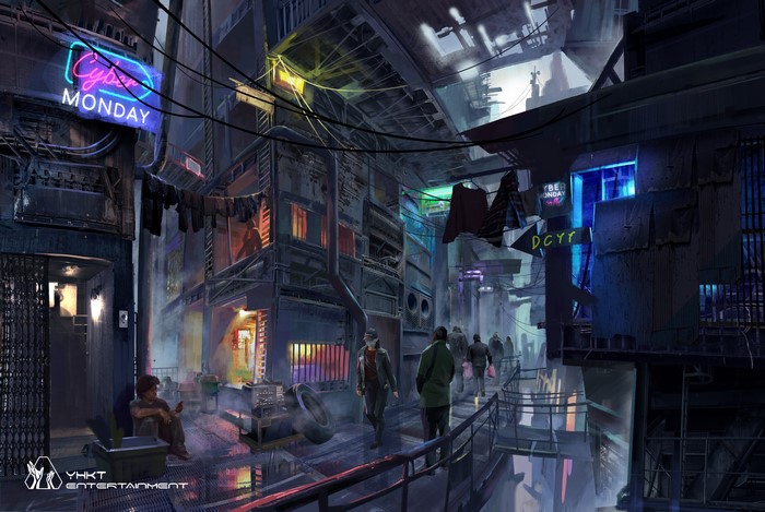 Cyberpunk Alleyway with YHKT Entertainment Logo