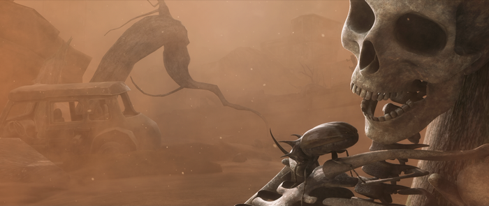 Skeleton and ruined vehicle in a dusty wasteland