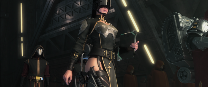 Woman in futuristic outfit holding a tablet