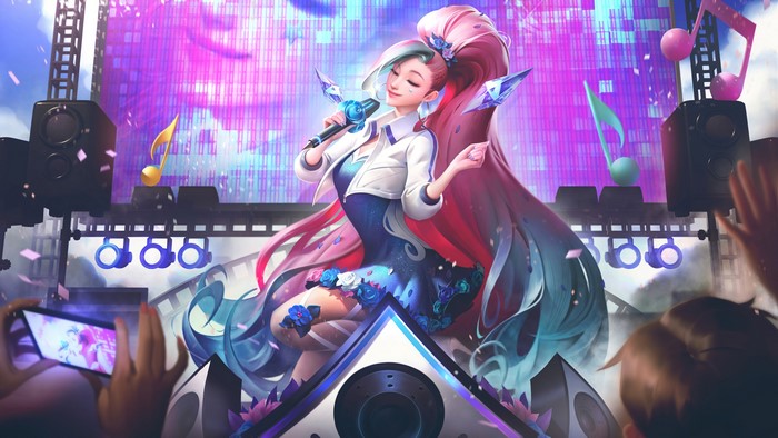 Seraphine from League of Legends performing on stage