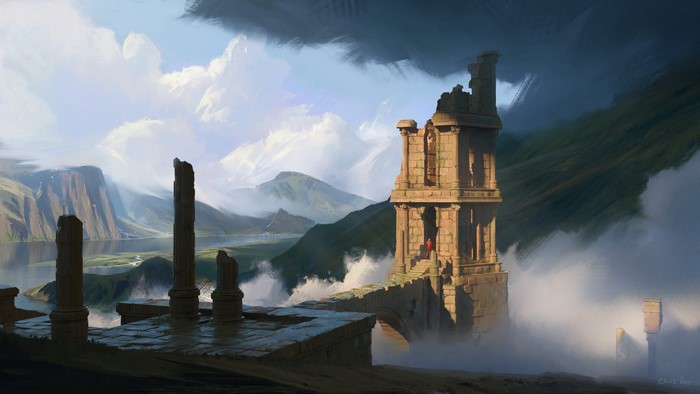 Ruined tower and pillars in a misty mountain landscape