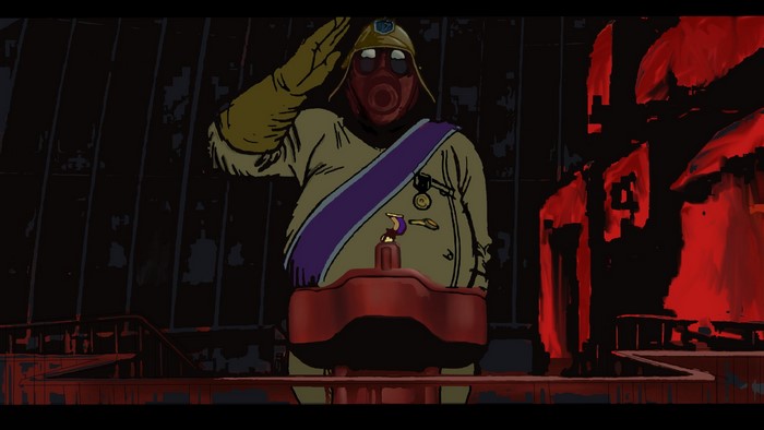 Animated character in military uniform saluting