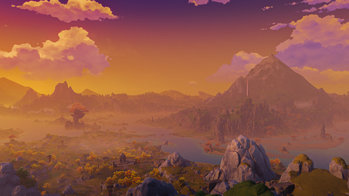 Fantasy landscape with mountains and a lake at sunset