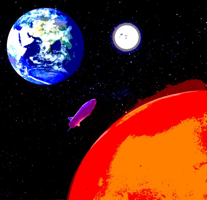 Space scene with Earth, Moon, Sun, and spaceship