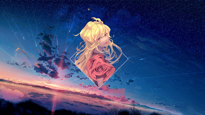 Anime girl with blonde hair and a rose dress against a starry sky