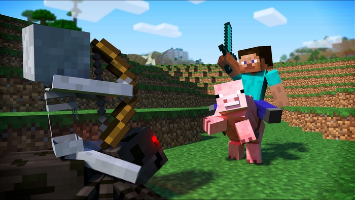 Steve riding a pig fighting a skeleton spider